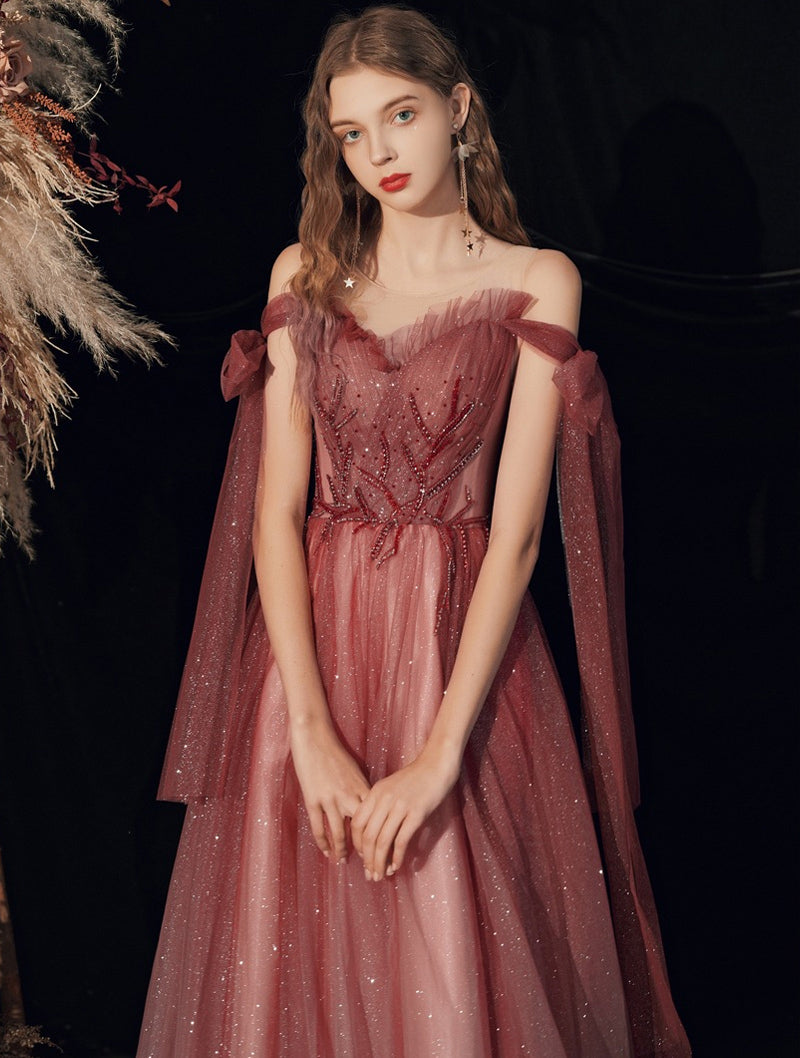 Fairy Shiny Tulle Handmade Wine Red Formal Dress
