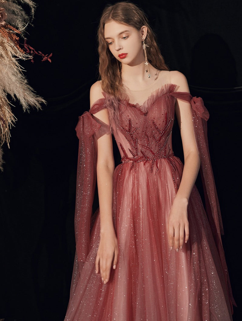 Fairy Shiny Tulle Handmade Wine Red Formal Dress