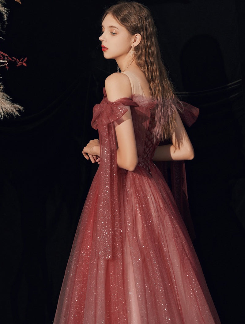 Fairy Shiny Tulle Handmade Wine Red Formal Dress