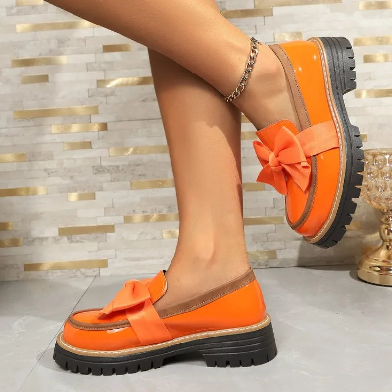 Leather Bow Decoration Loafers Thick Platform Slip-On Shoes Everyday Casual British Style Single Shoes
