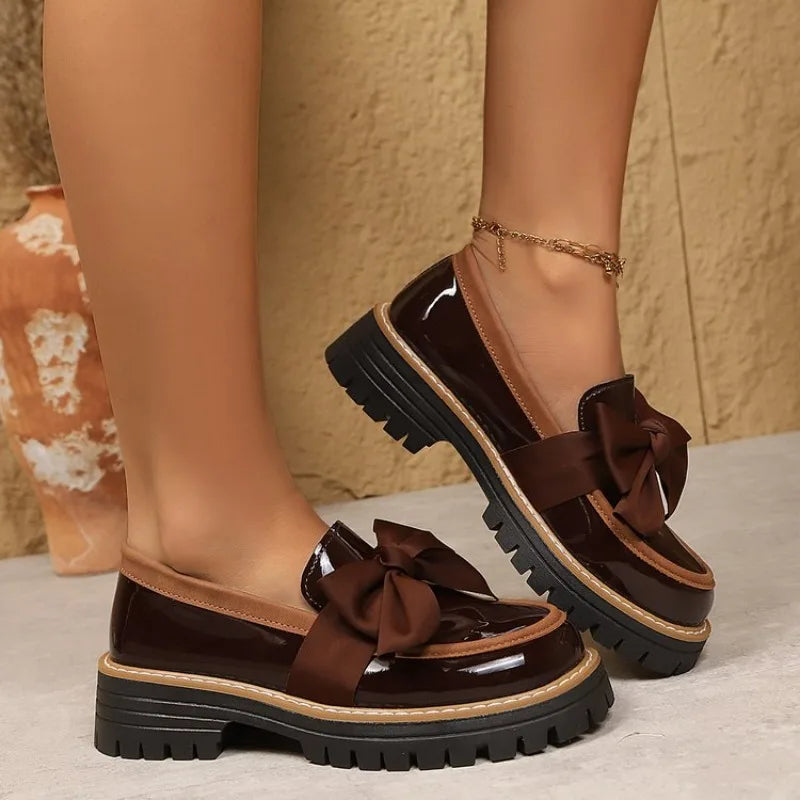 Leather Bow Decoration Loafers Thick Platform Slip-On Shoes Everyday Casual British Style Single Shoes