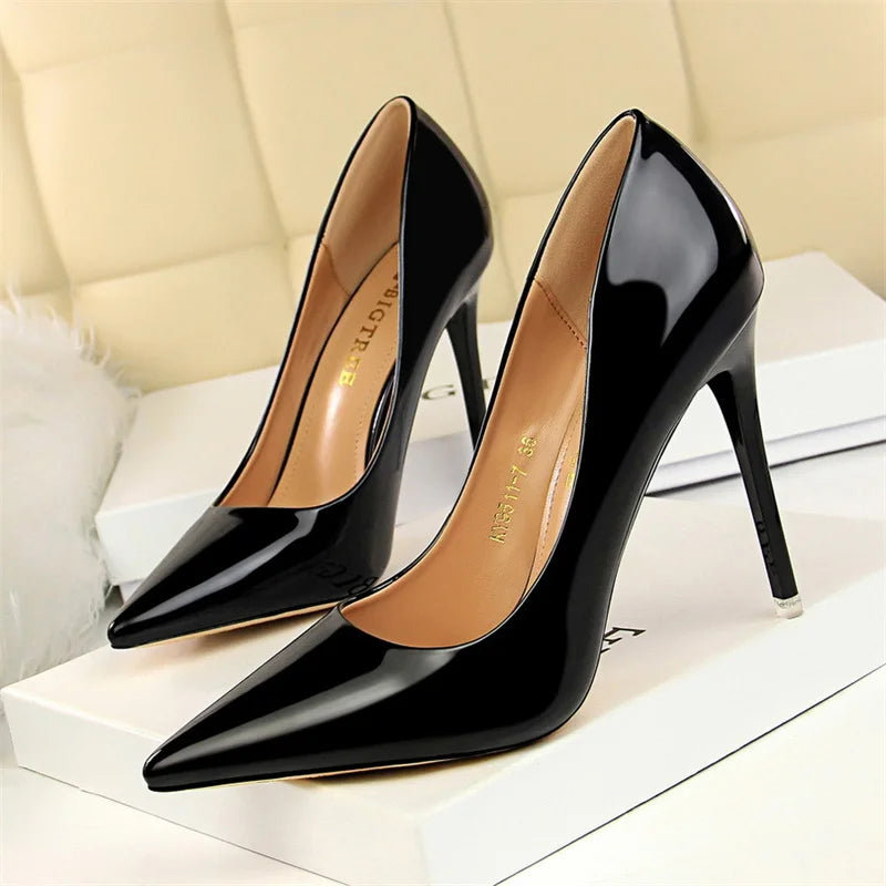 Metal Patent Leather Shallow Mouth Thin High Heel Shoes Elegant Comfort Pointed Toe Gold Silver Party Heel Pumps