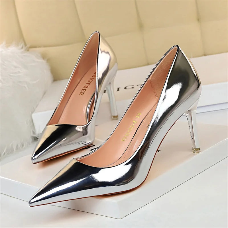 Metal Patent Leather Shallow Mouth Thin High Heel Shoes Elegant Comfort Pointed Toe Gold Silver Party Heel Pumps