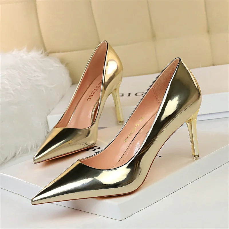 Metal Patent Leather Shallow Mouth Thin High Heel Shoes Elegant Comfort Pointed Toe Gold Silver Party Heel Pumps