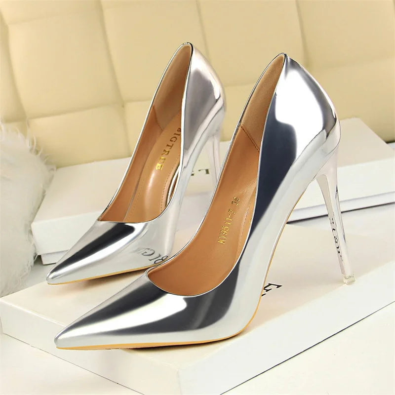 Metal Patent Leather Shallow Mouth Thin High Heel Shoes Elegant Comfort Pointed Toe Gold Silver Party Heel Pumps