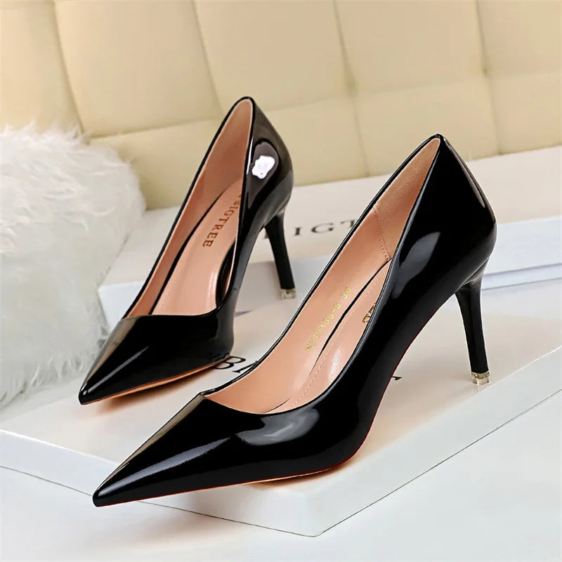 Metal Patent Leather Shallow Mouth Thin High Heel Shoes Elegant Comfort Pointed Toe Gold Silver Party Heel Pumps