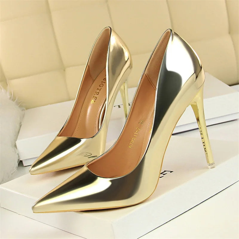 Metal Patent Leather Shallow Mouth Thin High Heel Shoes Elegant Comfort Pointed Toe Gold Silver Party Heel Pumps