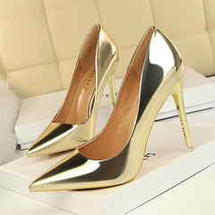 Metal Patent Leather Shallow Mouth Thin High Heel Shoes Elegant Comfort Pointed Toe Gold Silver Party Heel Pumps