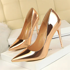 Metal Patent Leather Shallow Mouth Thin High Heel Shoes Elegant Comfort Pointed Toe Gold Silver Party Heel Pumps