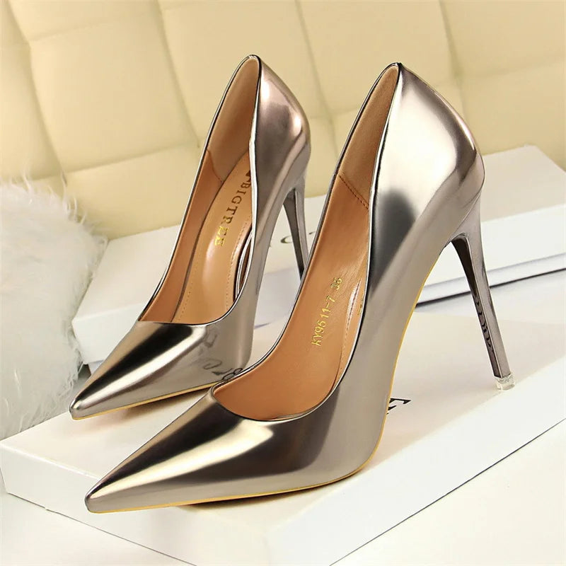 Metal Patent Leather Shallow Mouth Thin High Heel Shoes Elegant Comfort Pointed Toe Gold Silver Party Heel Pumps