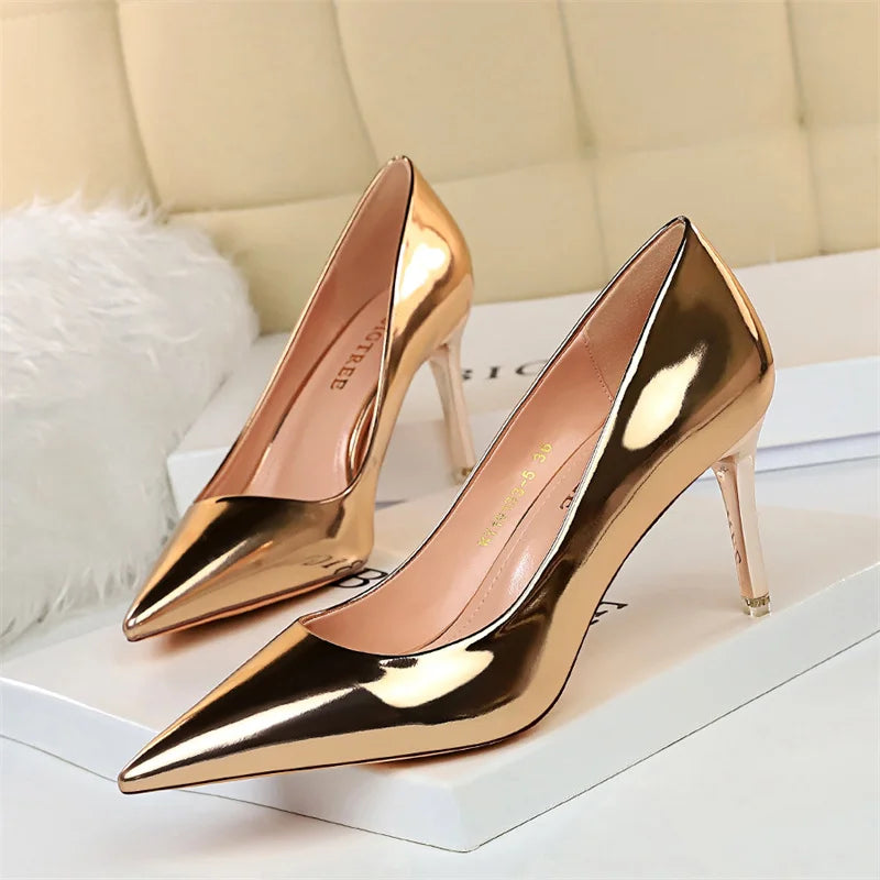 Metal Patent Leather Shallow Mouth Thin High Heel Shoes Elegant Comfort Pointed Toe Gold Silver Party Heel Pumps