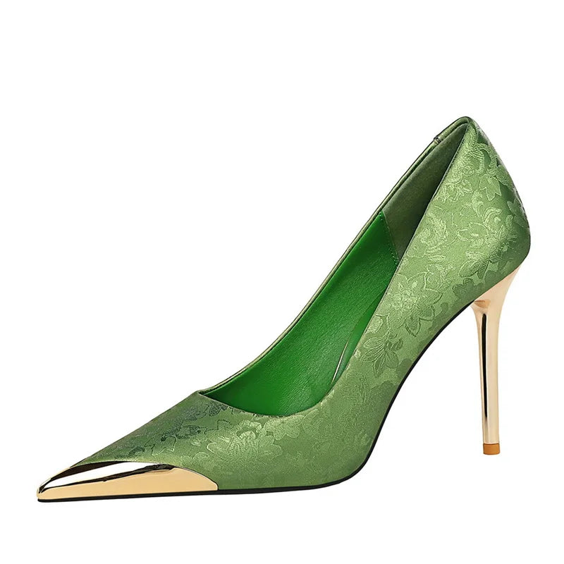 Simple Comfort National style High Heels Silk Stilettos Shallow Metal Pointed Toe Satin Banquet Singe Shoes
