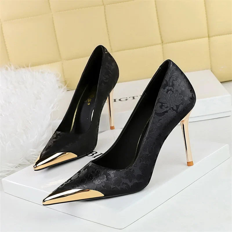 Simple Comfort National style High Heels Silk Stilettos Shallow Metal Pointed Toe Satin Banquet Singe Shoes