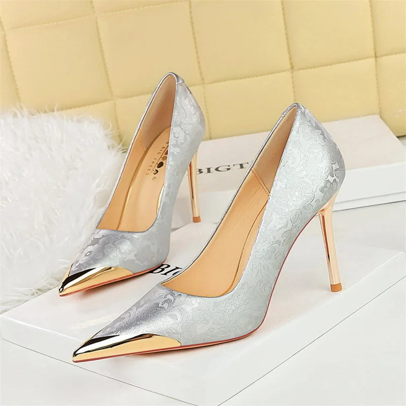 Simple Comfort National style High Heels Silk Stilettos Shallow Metal Pointed Toe Satin Banquet Singe Shoes