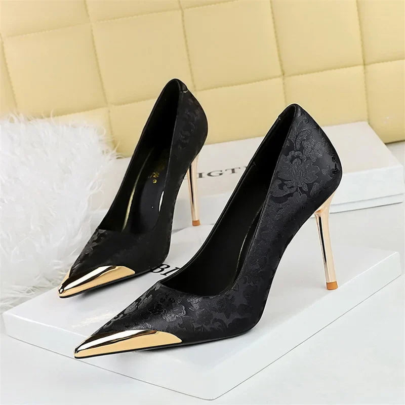 Simple Comfort National style High Heels Silk Stilettos Shallow Metal Pointed Toe Satin Banquet Singe Shoes