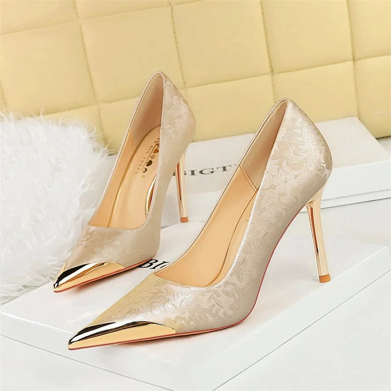 Simple Comfort National style High Heels Silk Stilettos Shallow Metal Pointed Toe Satin Banquet Singe Shoes