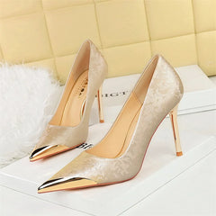 Simple Comfort National style High Heels Silk Stilettos Shallow Metal Pointed Toe Satin Banquet Singe Shoes