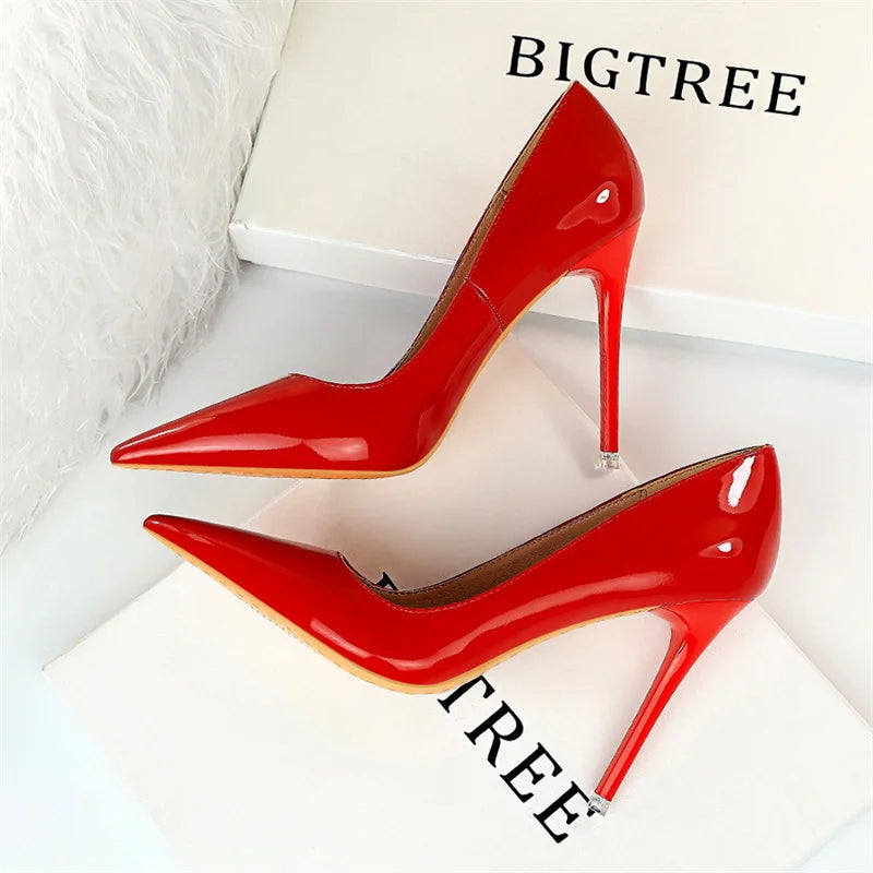 Simple Patent Leather Thin High Heel Pumps Autumn Shallow Mouth Pointed Toe Slimming Single Shoes