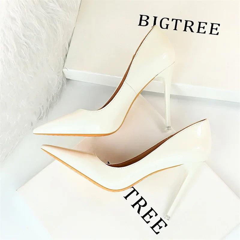 Simple Patent Leather Thin High Heel Pumps Autumn Shallow Mouth Pointed Toe Slimming Single Shoes