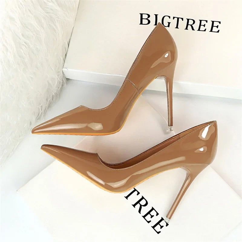 Simple Patent Leather Thin High Heel Pumps Autumn Shallow Mouth Pointed Toe Slimming Single Shoes