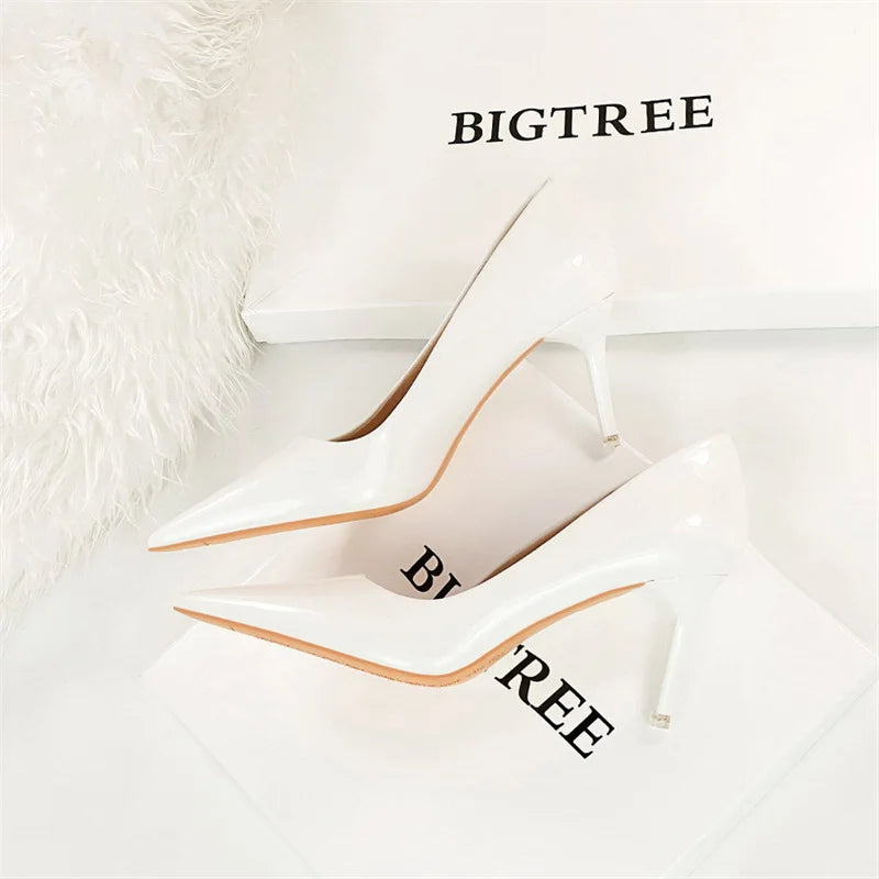 Simple Patent Leather Thin High Heel Pumps Autumn Shallow Mouth Pointed Toe Slimming Single Shoes