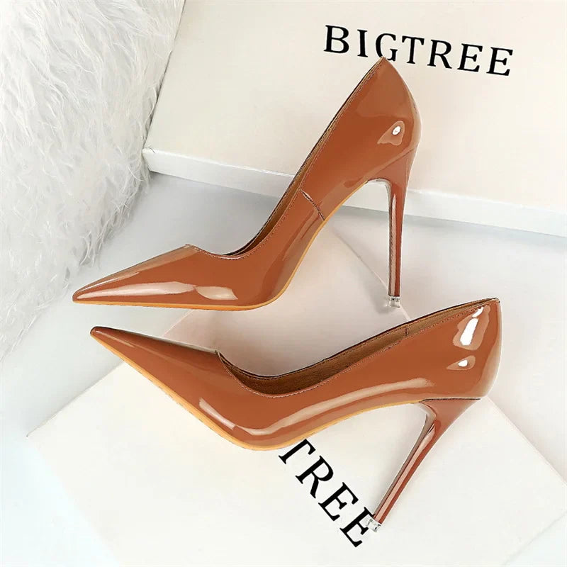 Simple Patent Leather Thin High Heel Pumps Autumn Shallow Mouth Pointed Toe Slimming Single Shoes