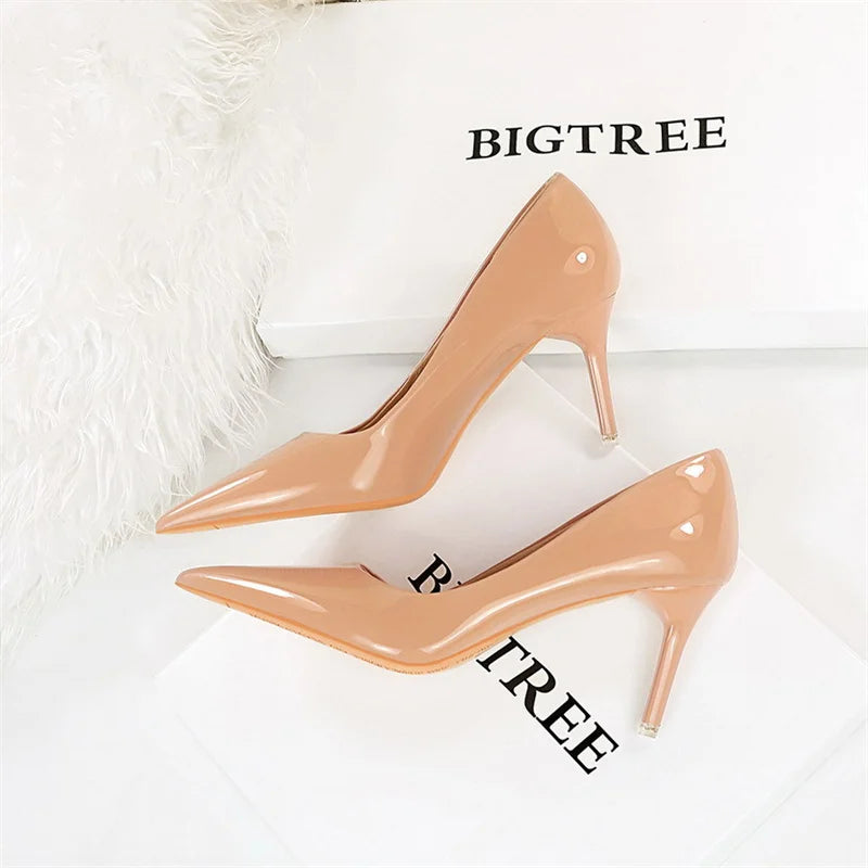 Simple Patent Leather Thin High Heel Pumps Autumn Shallow Mouth Pointed Toe Slimming Single Shoes