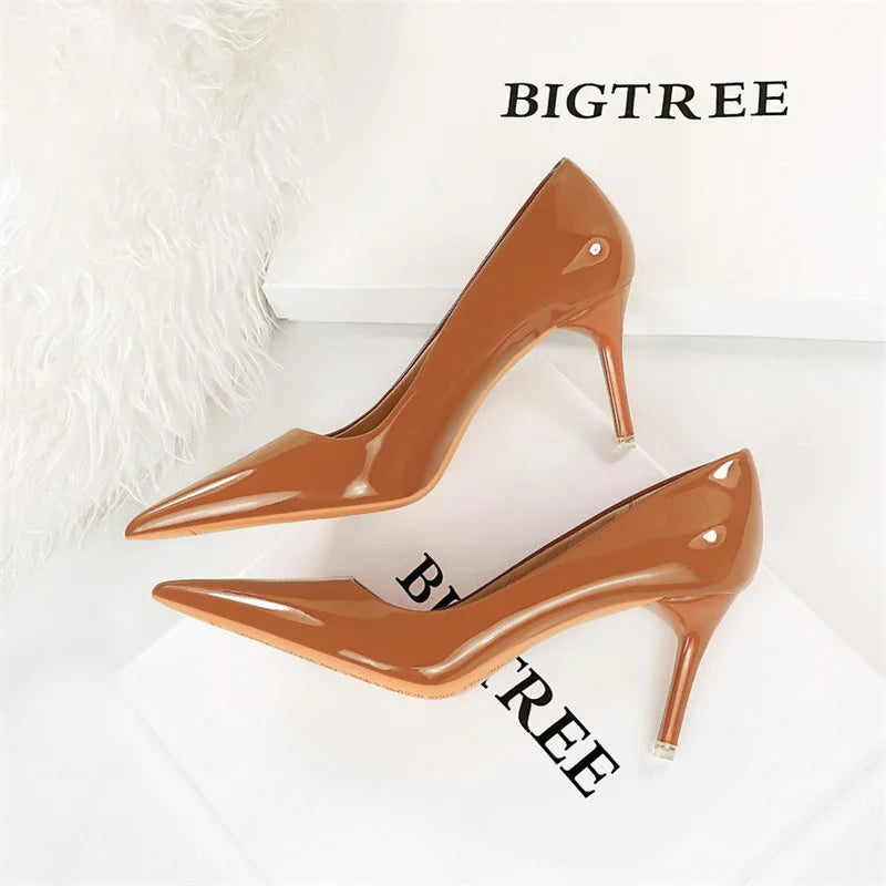Simple Patent Leather Thin High Heel Pumps Autumn Shallow Mouth Pointed Toe Slimming Single Shoes
