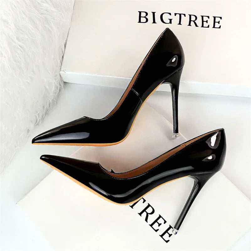 Simple Patent Leather Thin High Heel Pumps Autumn Shallow Mouth Pointed Toe Slimming Single Shoes