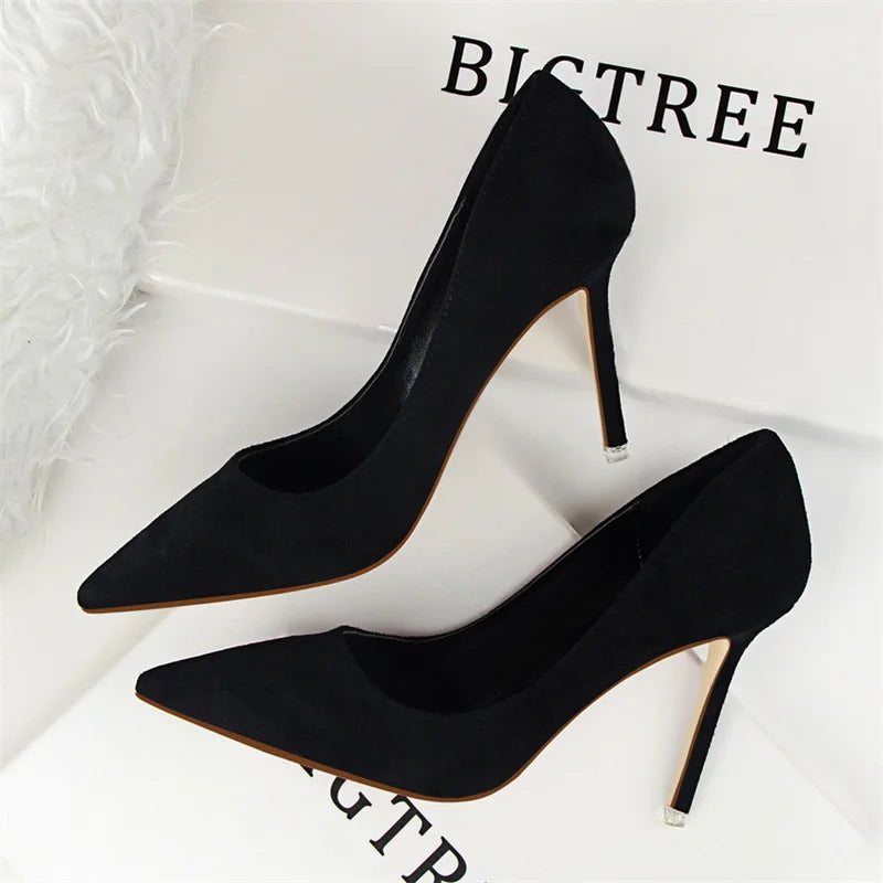 Simple Suede Shallow Mouth High Heels Shoes Casual Pointed Toe Slimming Stiletto professional Single Shoes