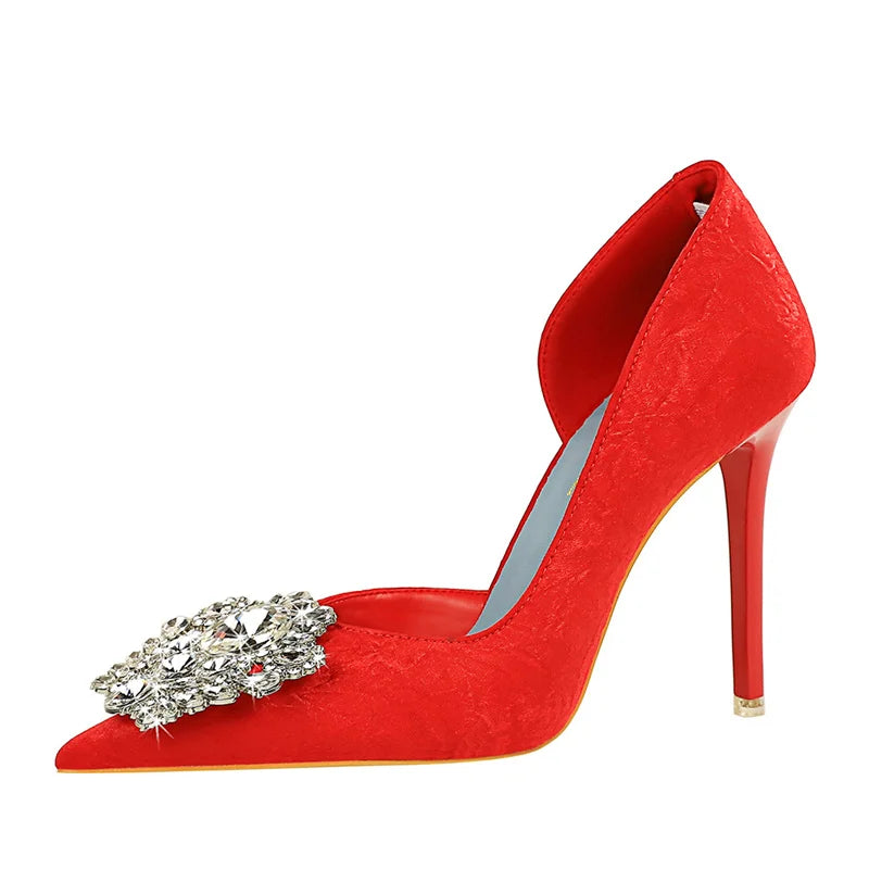 Banquet Shoes Thin Heels High Heels Shallow Mouth Pointed Toe Side Hollowed Out Rhinestones Single Shoes