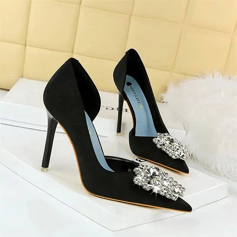 Banquet Shoes Thin Heels High Heels Shallow Mouth Pointed Toe Side Hollowed Out Rhinestones Single Shoes