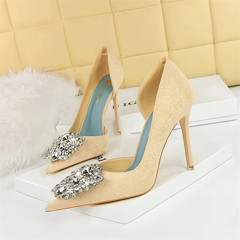 Banquet Shoes Thin Heels High Heels Shallow Mouth Pointed Toe Side Hollowed Out Rhinestones Single Shoes