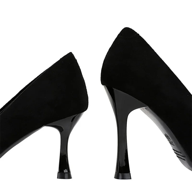 Suede Black Simple Pumps Wine Glasses High Heels Shallow Mouth Pointed Toe Office Comfort Single Shoes