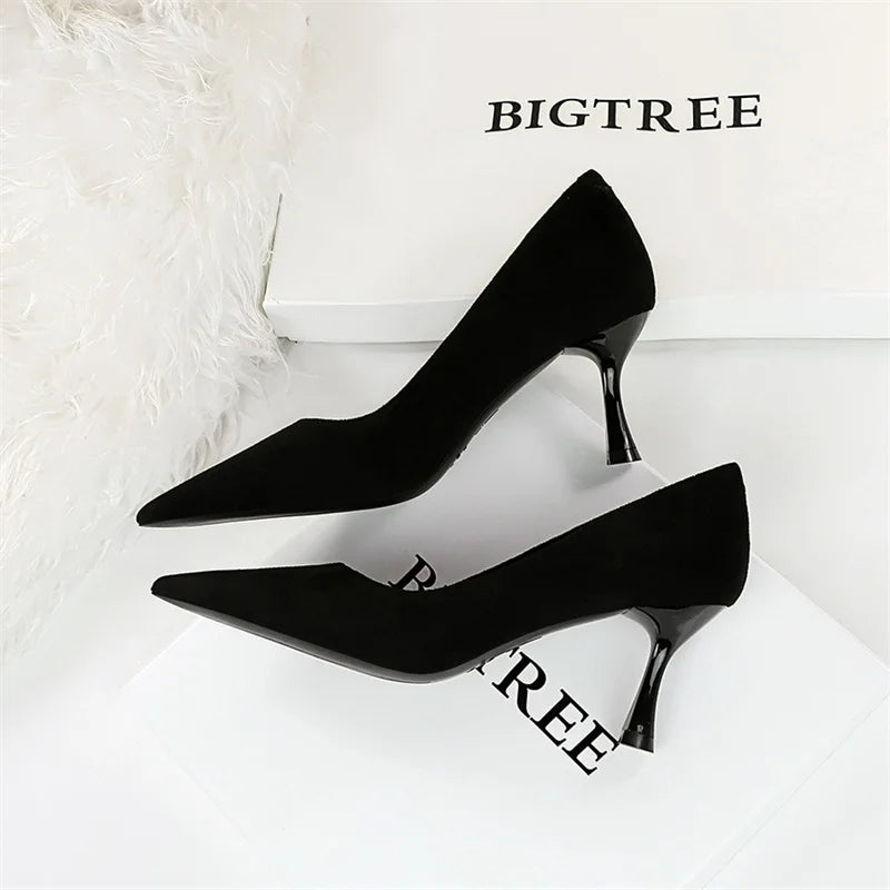 Suede Black Simple Pumps Wine Glasses High Heels Shallow Mouth Pointed Toe Office Comfort Single Shoes