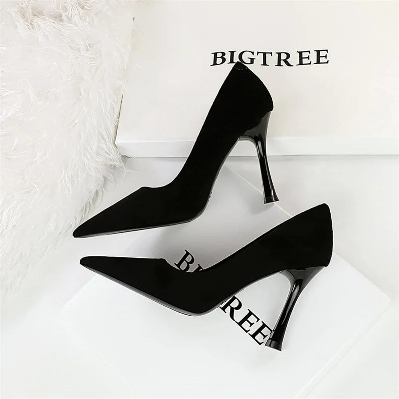 Suede Black Simple Pumps Wine Glasses High Heels Shallow Mouth Pointed Toe Office Comfort Single Shoes