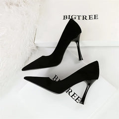 Suede Black Simple Pumps Wine Glasses High Heels Shallow Mouth Pointed Toe Office Comfort Single Shoes