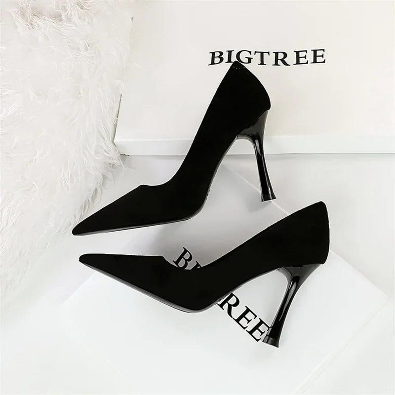Suede Black Simple Pumps Wine Glasses High Heels Shallow Mouth Pointed Toe Office Comfort Single Shoes