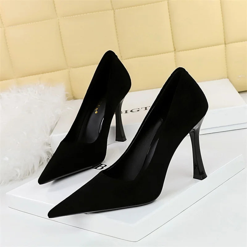 Suede Black Simple Pumps Wine Glasses High Heels Shallow Mouth Pointed Toe Office Comfort Single Shoes