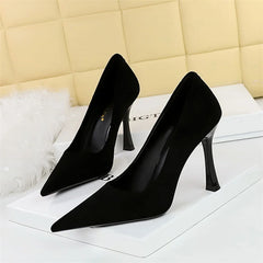 Suede Black Simple Pumps Wine Glasses High Heels Shallow Mouth Pointed Toe Office Comfort Single Shoes