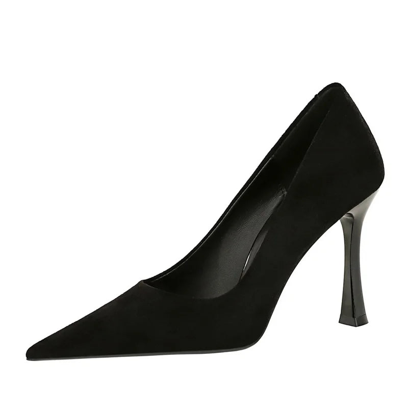 Suede Black Simple Pumps Wine Glasses High Heels Shallow Mouth Pointed Toe Office Comfort Single Shoes