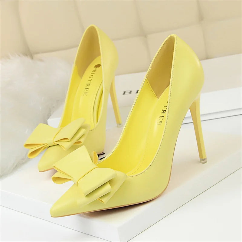 Sweet High Heel Shoes Blue Yellow  Shallow Mouth Pointed Toe Butterfly Knot Leather Wedding Party Event Pumps