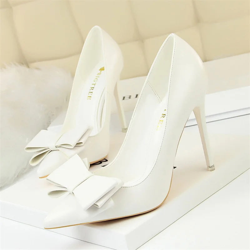 Sweet High Heel Shoes Blue Yellow  Shallow Mouth Pointed Toe Butterfly Knot Leather Wedding Party Event Pumps