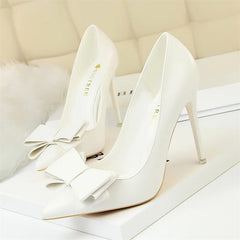 Sweet High Heel Shoes Blue Yellow  Shallow Mouth Pointed Toe Butterfly Knot Leather Wedding Party Event Pumps