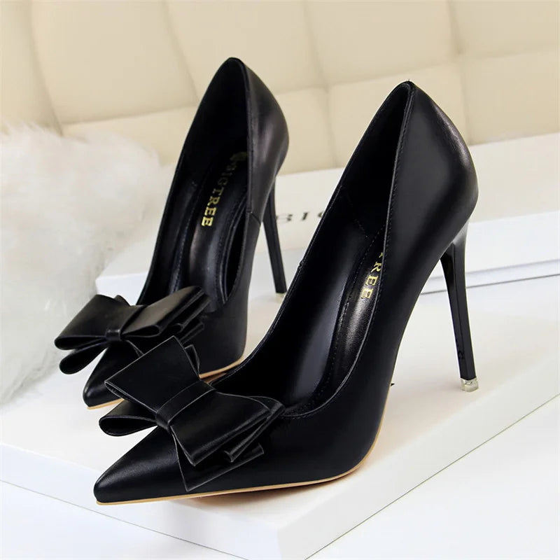Sweet High Heel Shoes Blue Yellow  Shallow Mouth Pointed Toe Butterfly Knot Leather Wedding Party Event Pumps