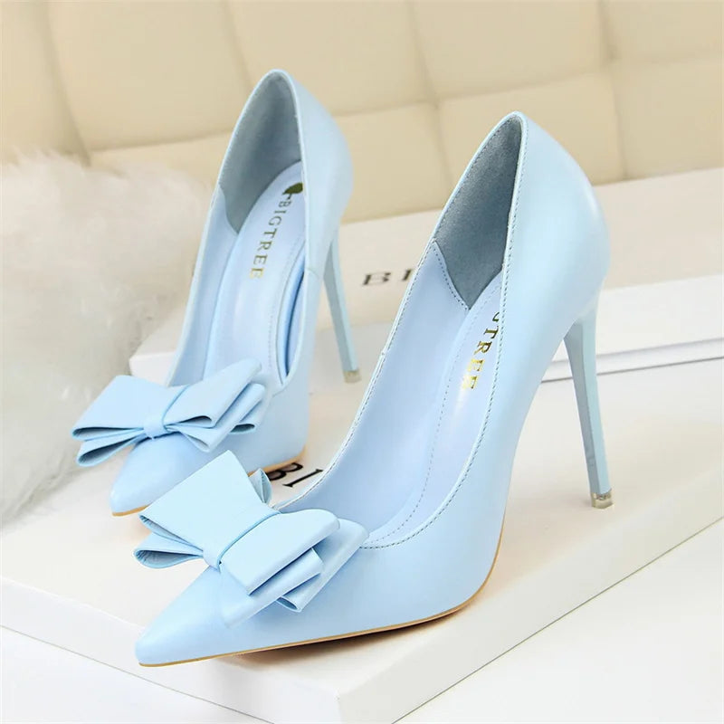Sweet High Heel Shoes Blue Yellow  Shallow Mouth Pointed Toe Butterfly Knot Leather Wedding Party Event Pumps