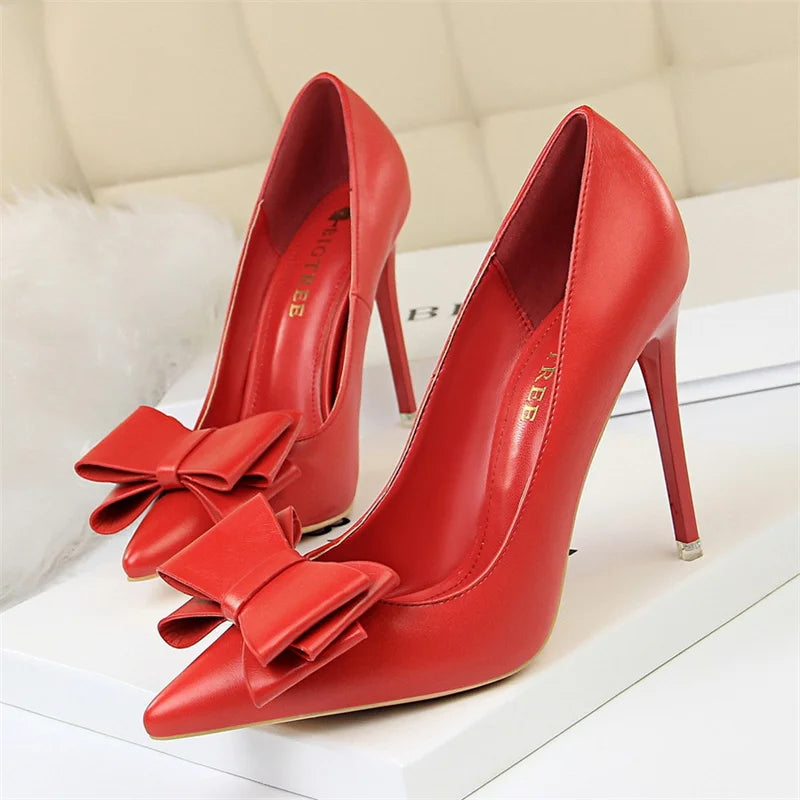 Sweet High Heel Shoes Blue Yellow  Shallow Mouth Pointed Toe Butterfly Knot Leather Wedding Party Event Pumps