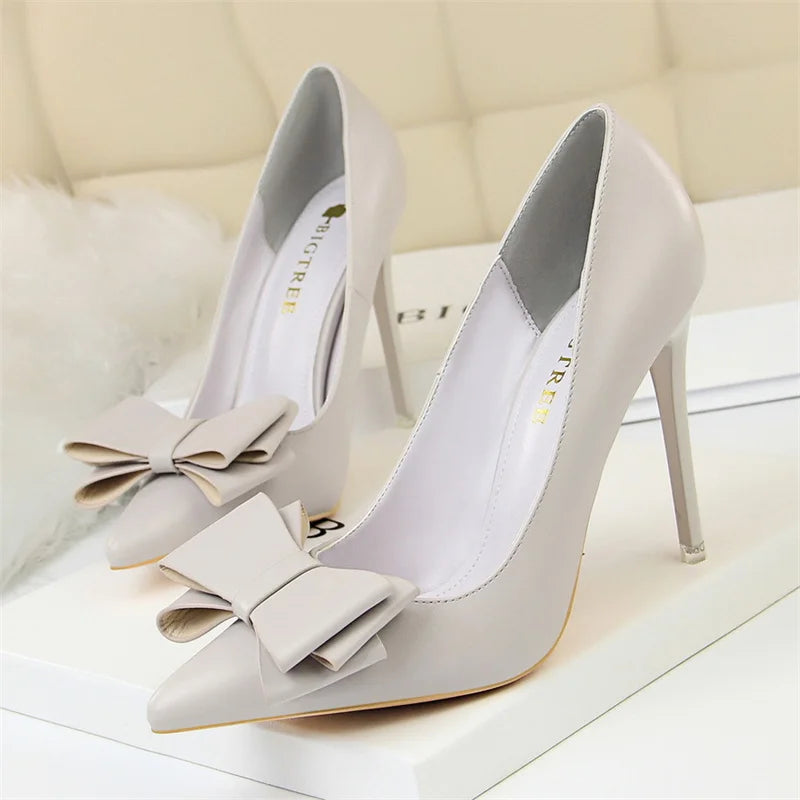 Sweet High Heel Shoes Blue Yellow  Shallow Mouth Pointed Toe Butterfly Knot Leather Wedding Party Event Pumps