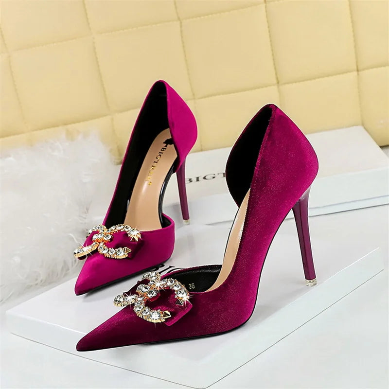 High Heel Rhinestone Buckle Bow Green Pink Pointed Toe Party Pumps Velvet Luxury Elegant Wedding Evening Shoes
