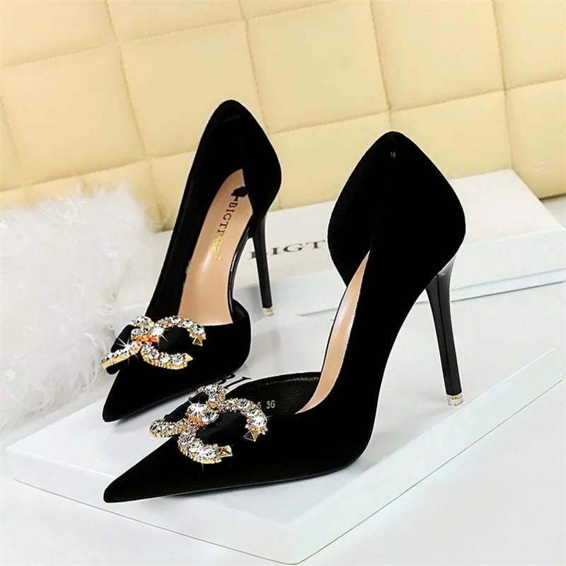 High Heel Rhinestone Buckle Bow Green Pink Pointed Toe Party Pumps Velvet Luxury Elegant Wedding Evening Shoes